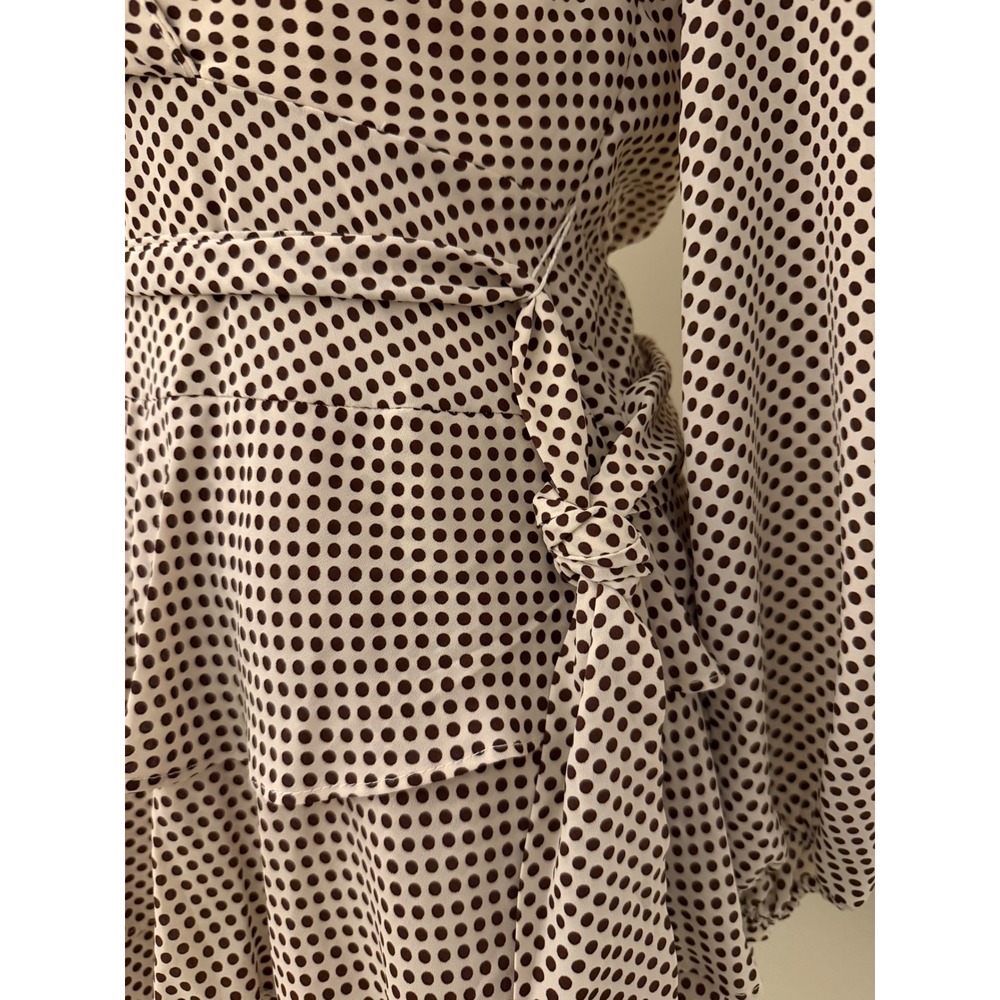 Express Polka Dot Wrap Mini Dress Brown Cream Tiered Ruffle Long Sleeve XS - Picture 3 of 9